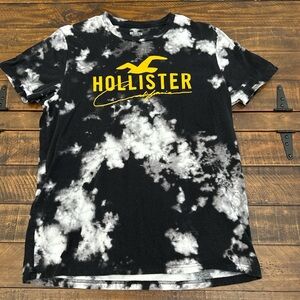 Hollister Black and Gray Tie-Dye Tee with Yellow Logo